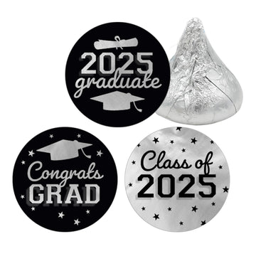 Black and Silver Graduation Party Stickers for Kisses Candy, Chocolate Drops, 2025 Grad Party Favors - 180 Count