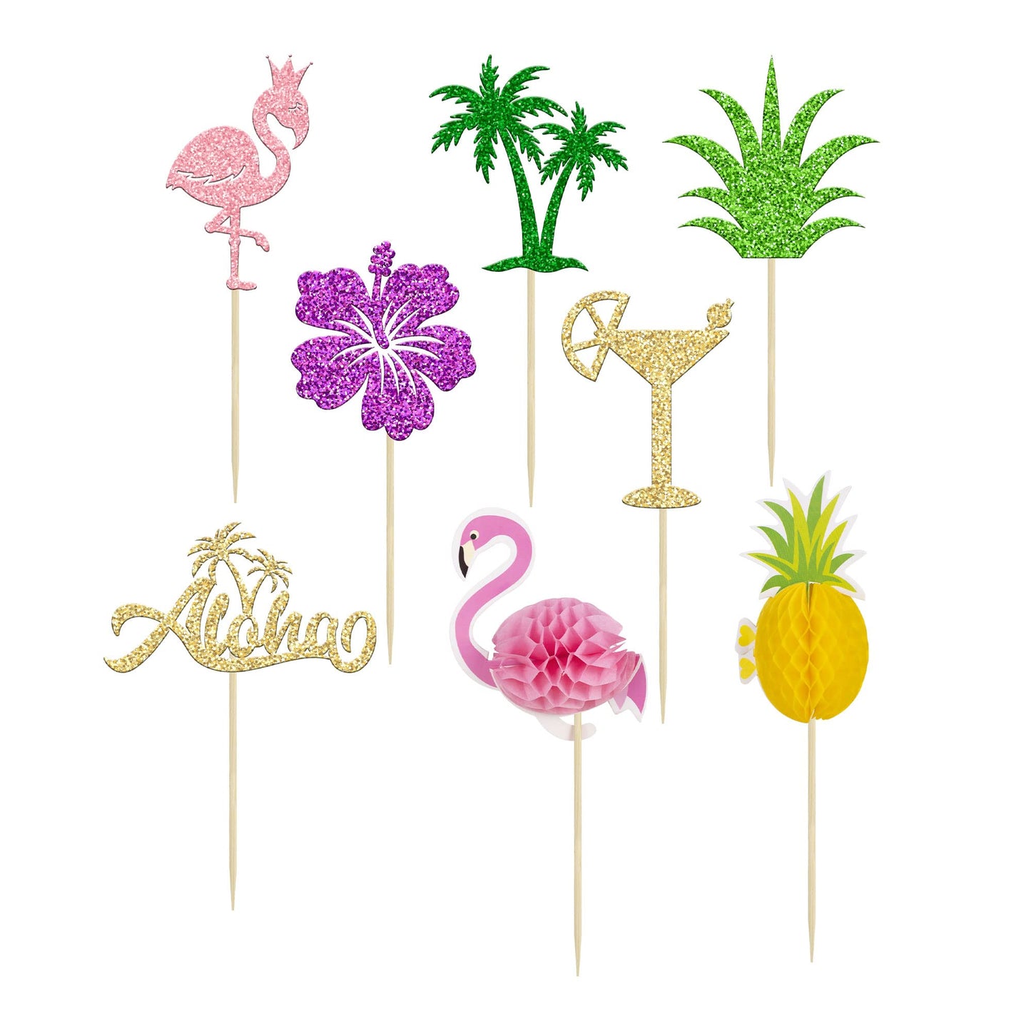 Gyufise 32Pcs Tropical Cupcake Toppers Aloha Cupcake Picks Flamingo Cake Toppers Hawaiian Luau Cake Decorations For Aloha Baby S