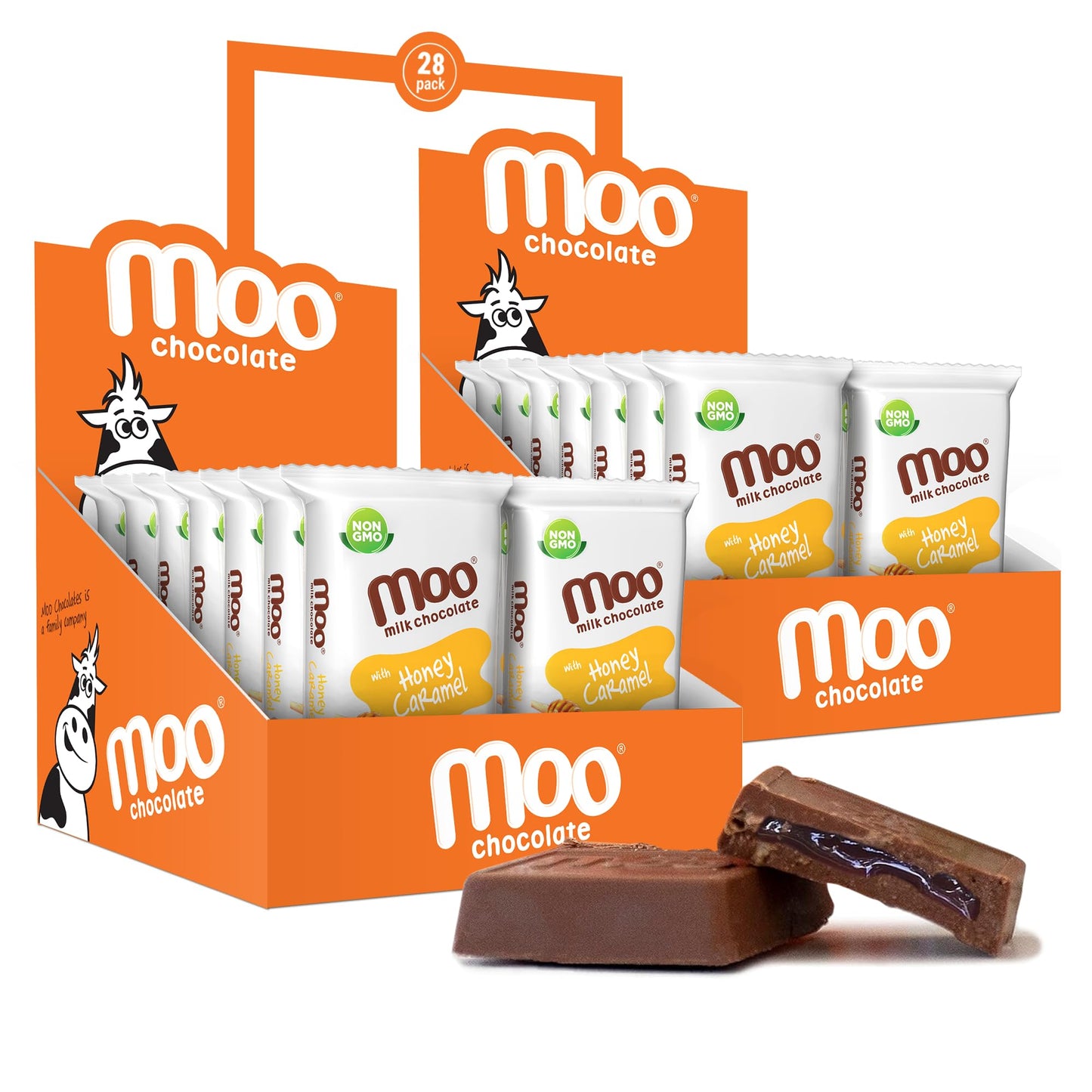 Moo Chocolates All Natural Milk Chocolate Mini Bars with Honey Caramel 0.7 oz, 28 ct (Pack of 2) | 70 Calorie Snacks for On-the-