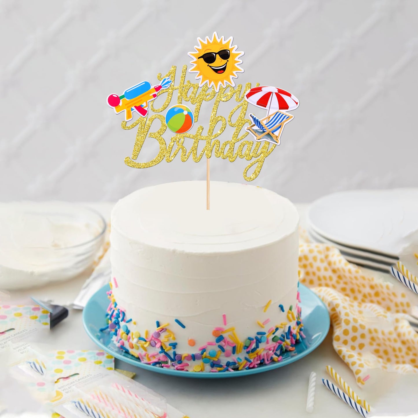 ZHUOWEISM Summer Beach Cake Topper - Glitter Gold Sun Umbrella Water   for Birthday Party Decorations