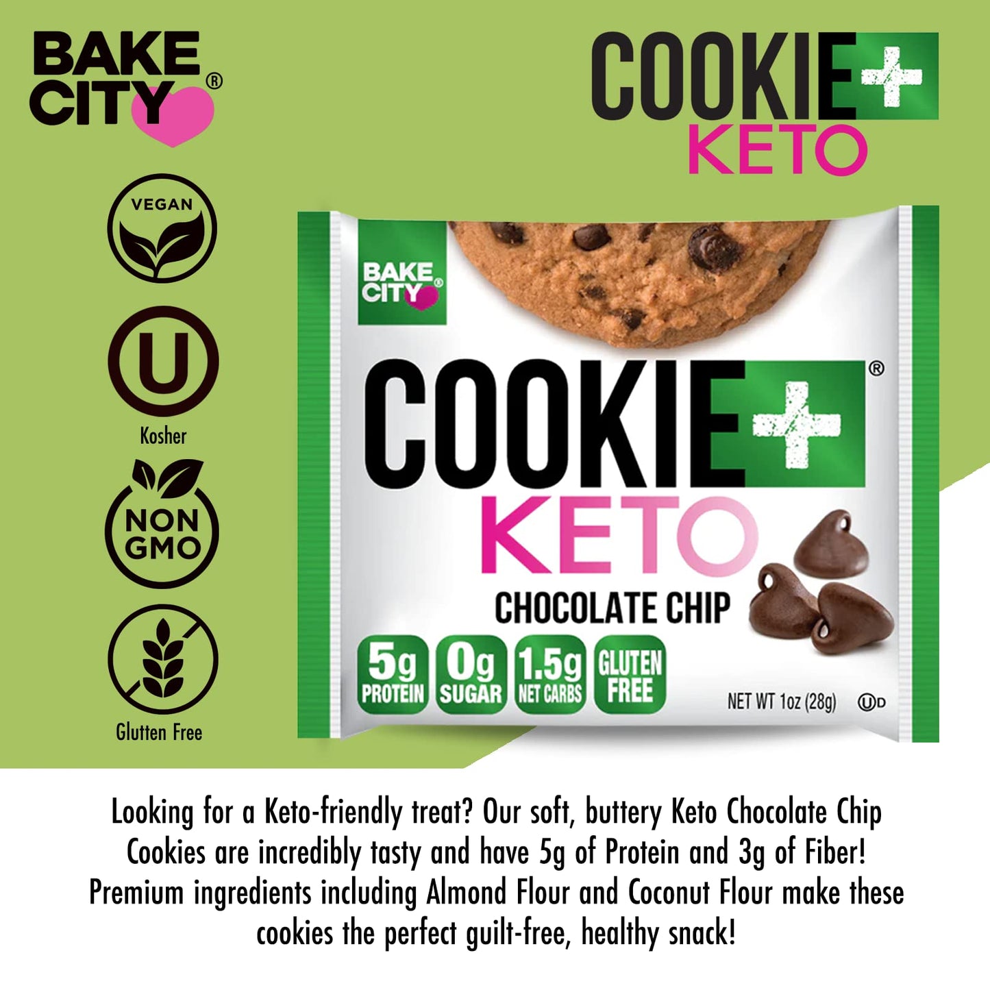 Bake City Cookie Plus Keto | 1Oz Chocolate Chip Cookies (12 Pack), Gluten Free, 0G Sugar, Only 1.5G Net Carbs, Good Fats, 5G Pro