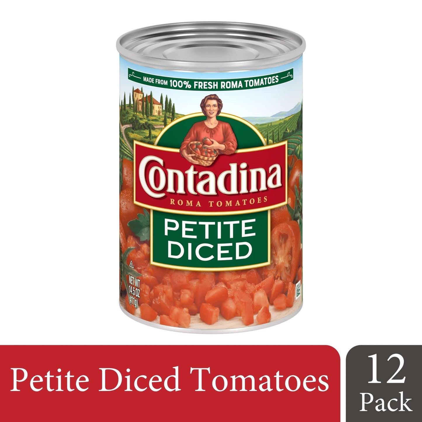 Contadina Petite Cut Diced Tomatoes, 12 Pack, 14.5 Oz Can, Red