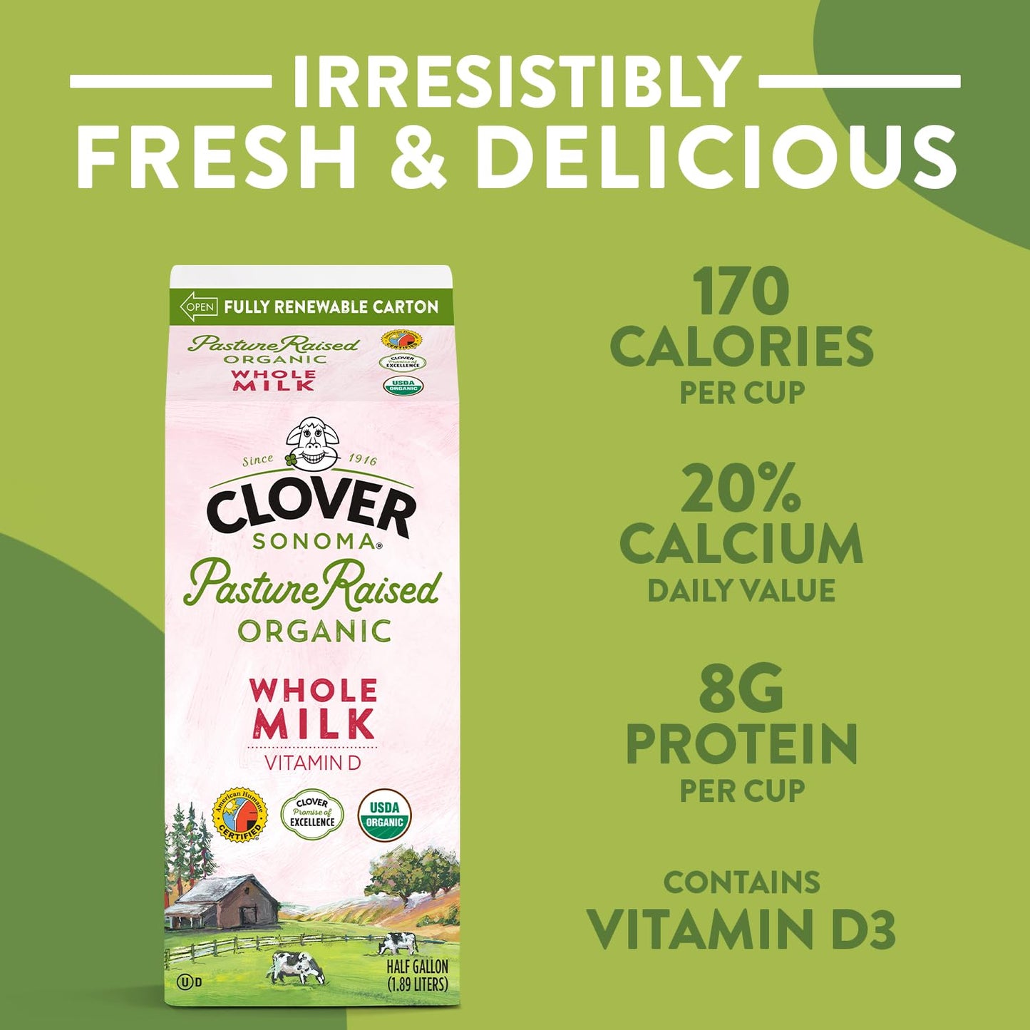 Clover Sonoma, Organic Whole Milk, Half Gallon, 64 oz