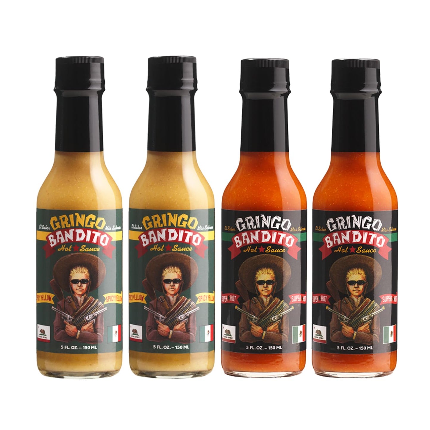 Gringo Bandito Hot Sauce, Fiery Yellow & Spicy Duo, 5 Ounce (Pack of 4)