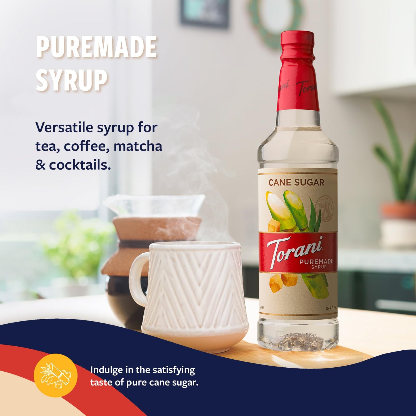 Torani Puremade Cane Sugar Syrup, Simple Syrup For Drinks & Desserts, Pump Included, 25.4 Oz