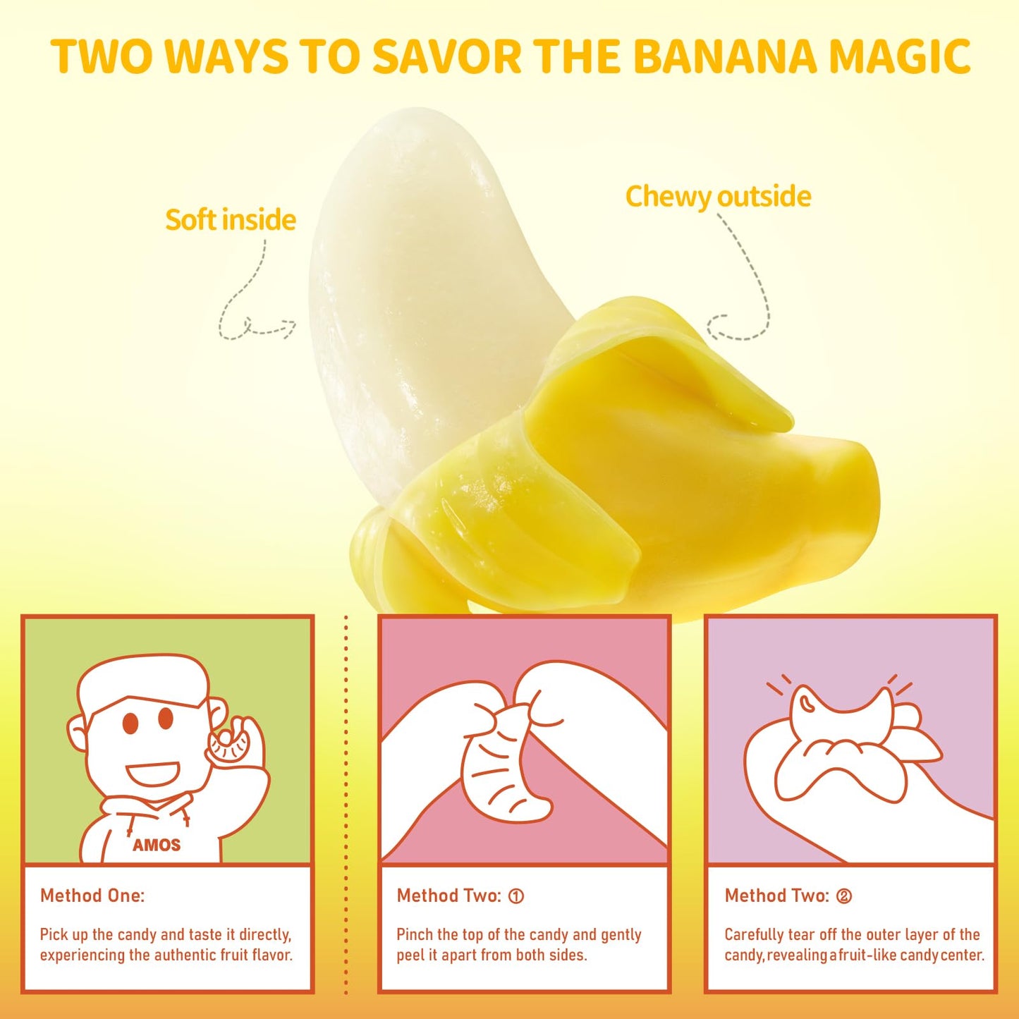 Amos Peelable Banana Gummies, Banana Peeling Candy, Peelerz Fruit Snacks Fat Free, Resealable 2.19Oz Bag