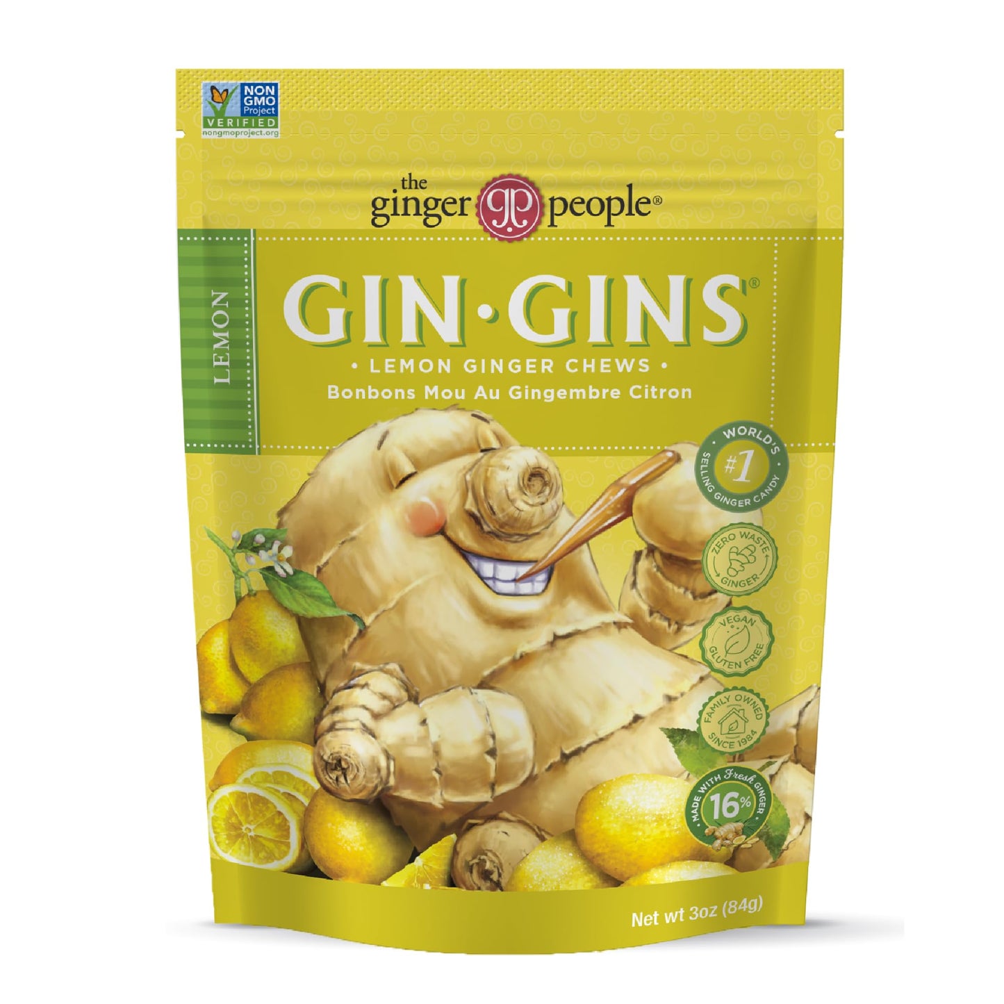 The Ginger People GIN GINS Lemon Ginger Chews - Natural Candy - 3 oz Bag - Pack of 1 - Individually Wrapped
