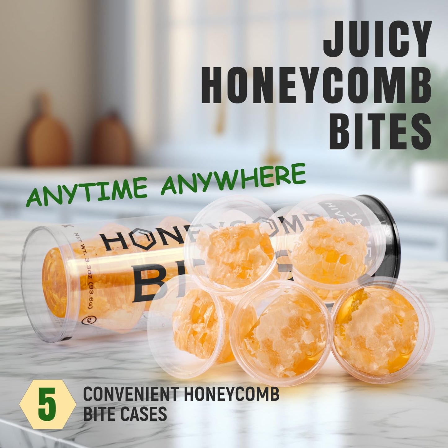 Jamies Hive To Table 100% Raw Honeycomb Bites, 3.3 Oz, 5 Bites - Pure Honeycomb Straight From The Hive - Made In Usa, Product Of