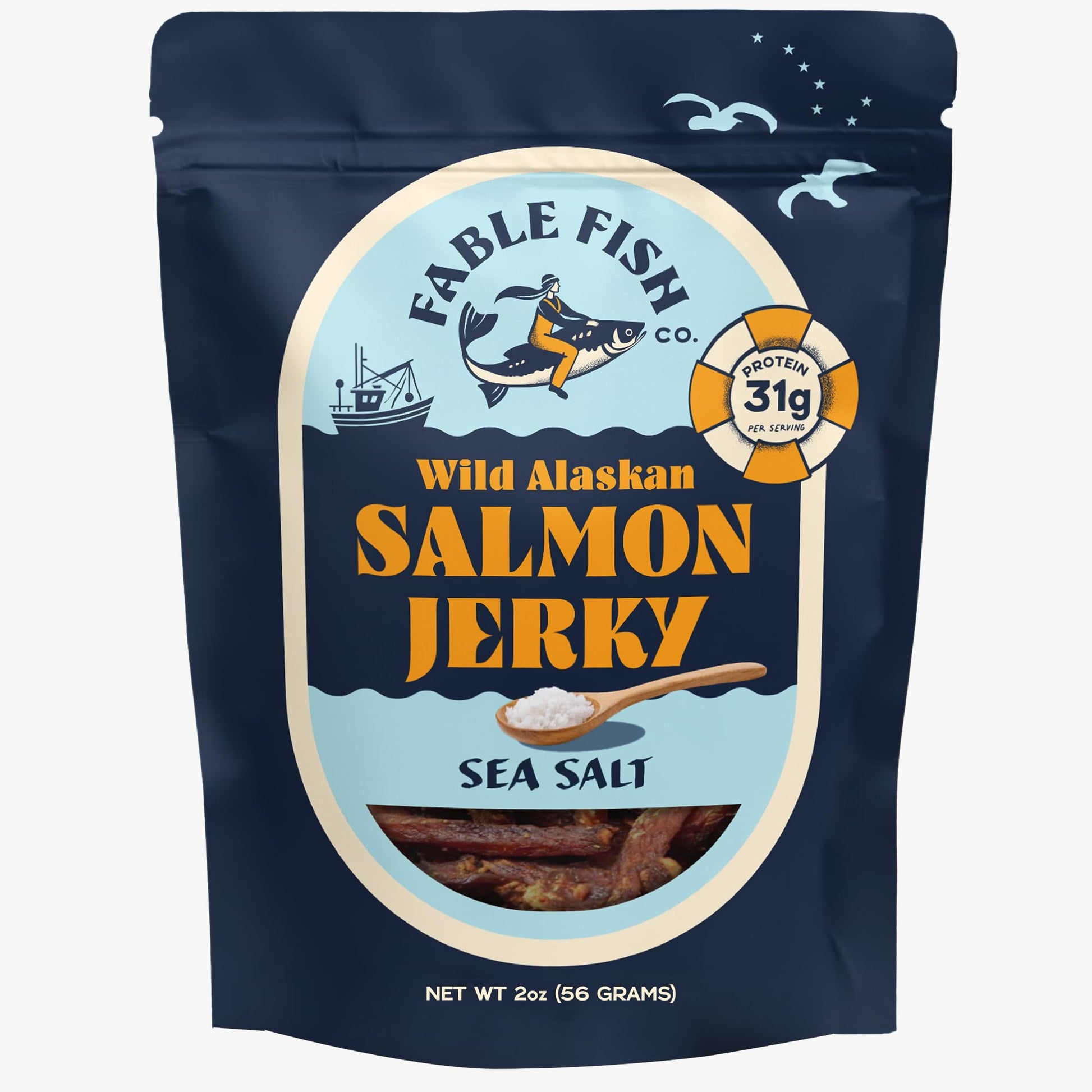 Fable Fish Wild Alaskan Salmon Jerky - Wild Caught Salmon With 31G Of Protein - Tasty Fish Jerky With Omega-3S And Natural Source Of Collagen - Made With Whole Muscle Sockeye - Sea Salt