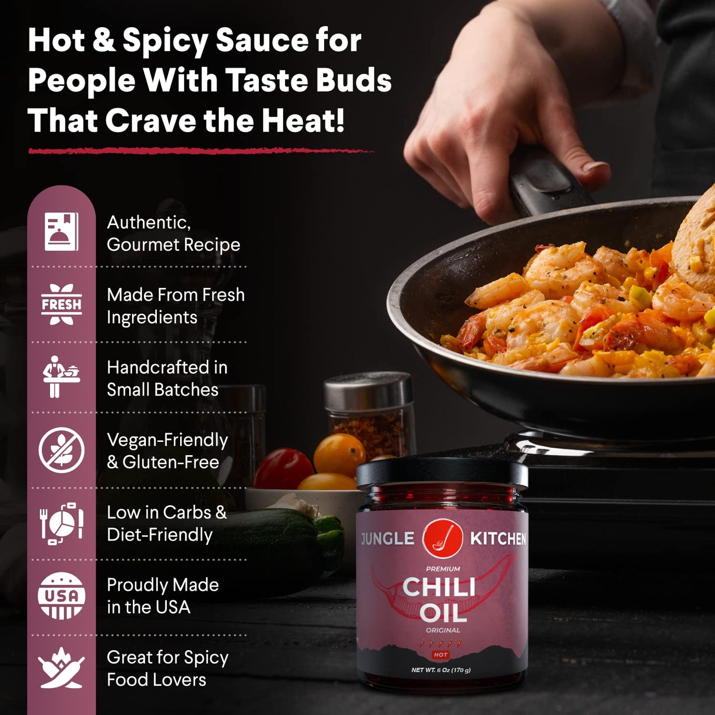 Jungle Kitchen Spicy Crunchy Garlic Chili Oil - Vegan, Gluten-Free, 6oz, 3 Pack