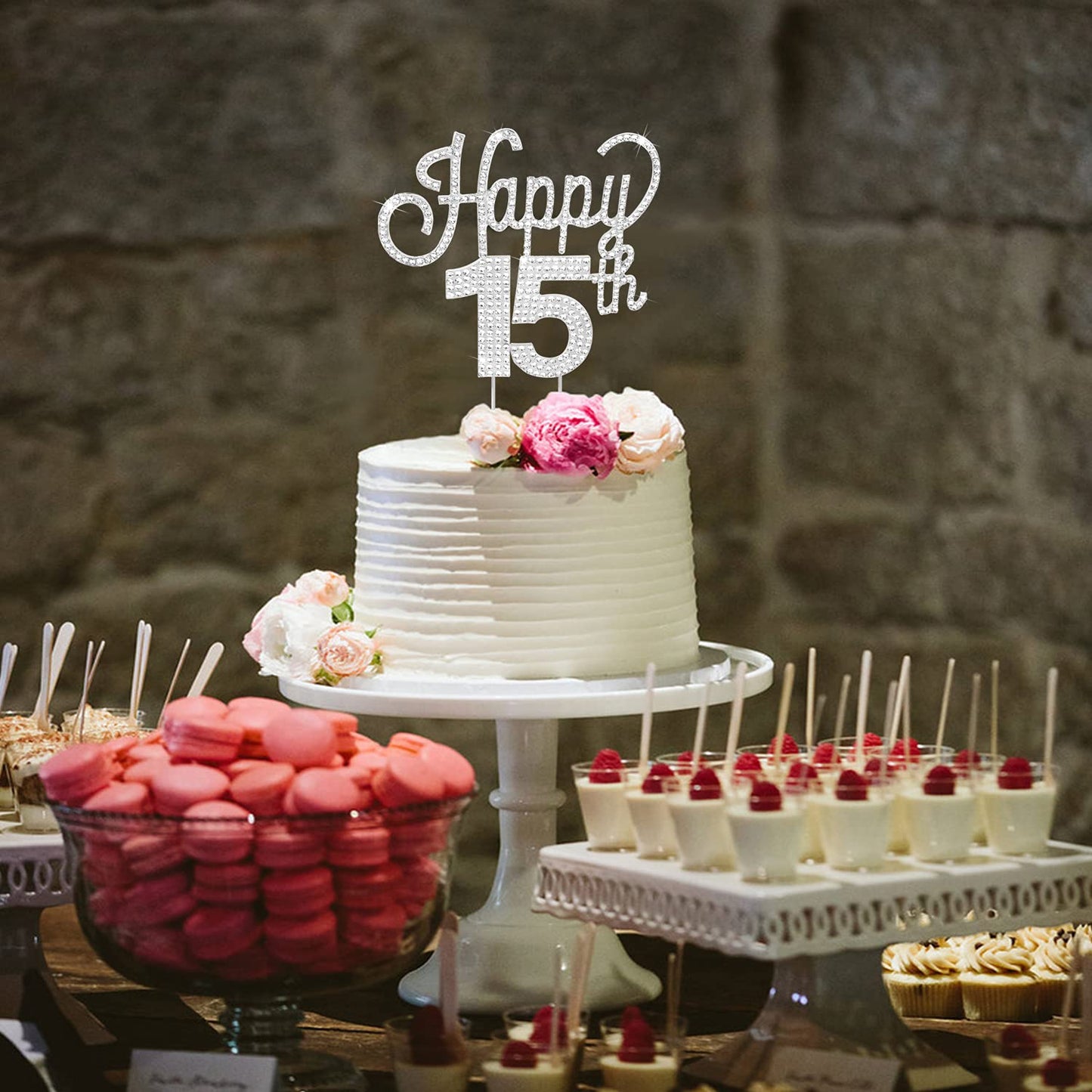 Lingteer Happy 15Th Birthday Silver Rhinestone Cake Topper - Cheers To 15Th Birthday Fifteen Years Old Party Cake Centerpieces T