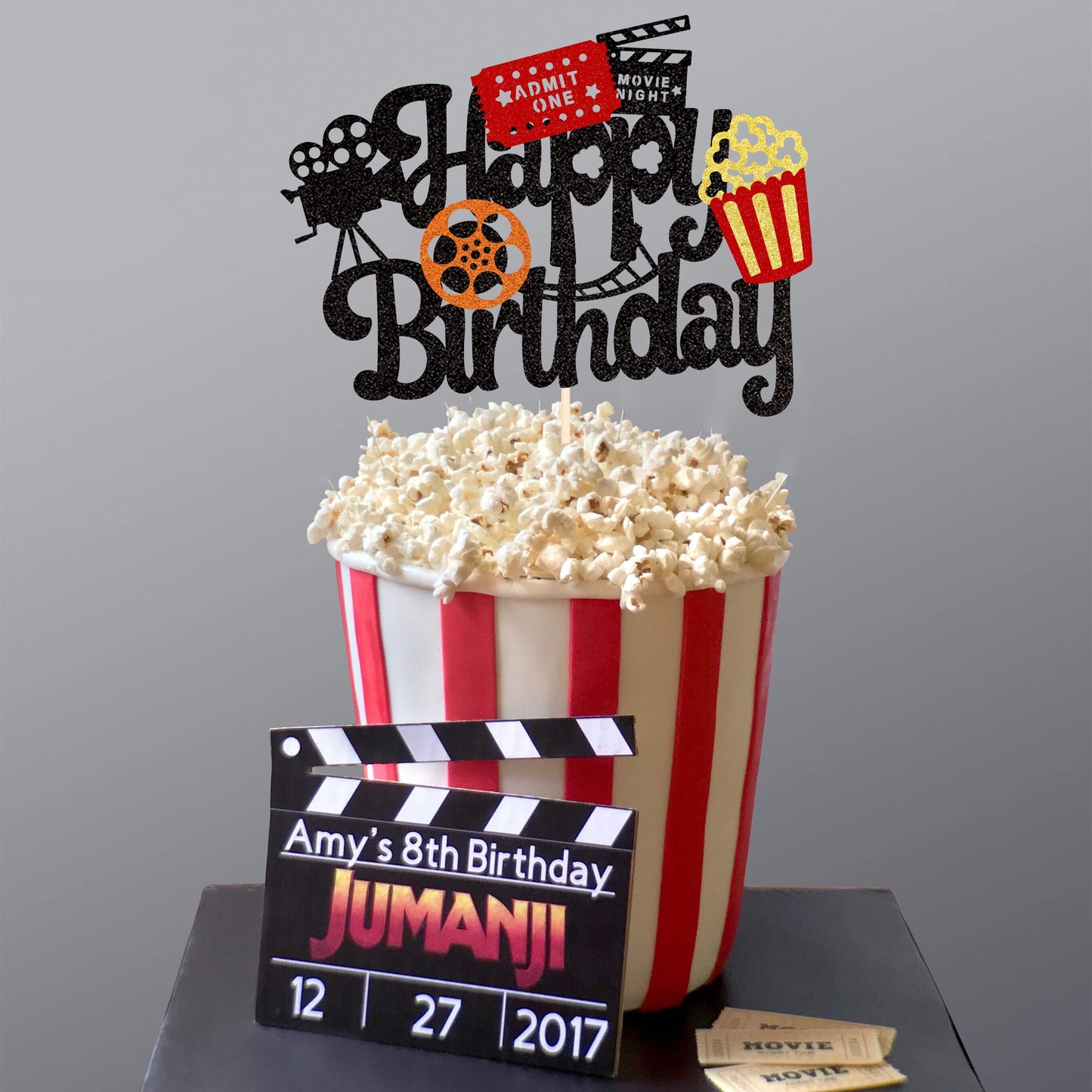 1 Pcs Movie Night Cake Topper Happy Birthday Sign Cake Pick Decorations For Theater Video Recorder Roll Camera Popcorn Hollywood