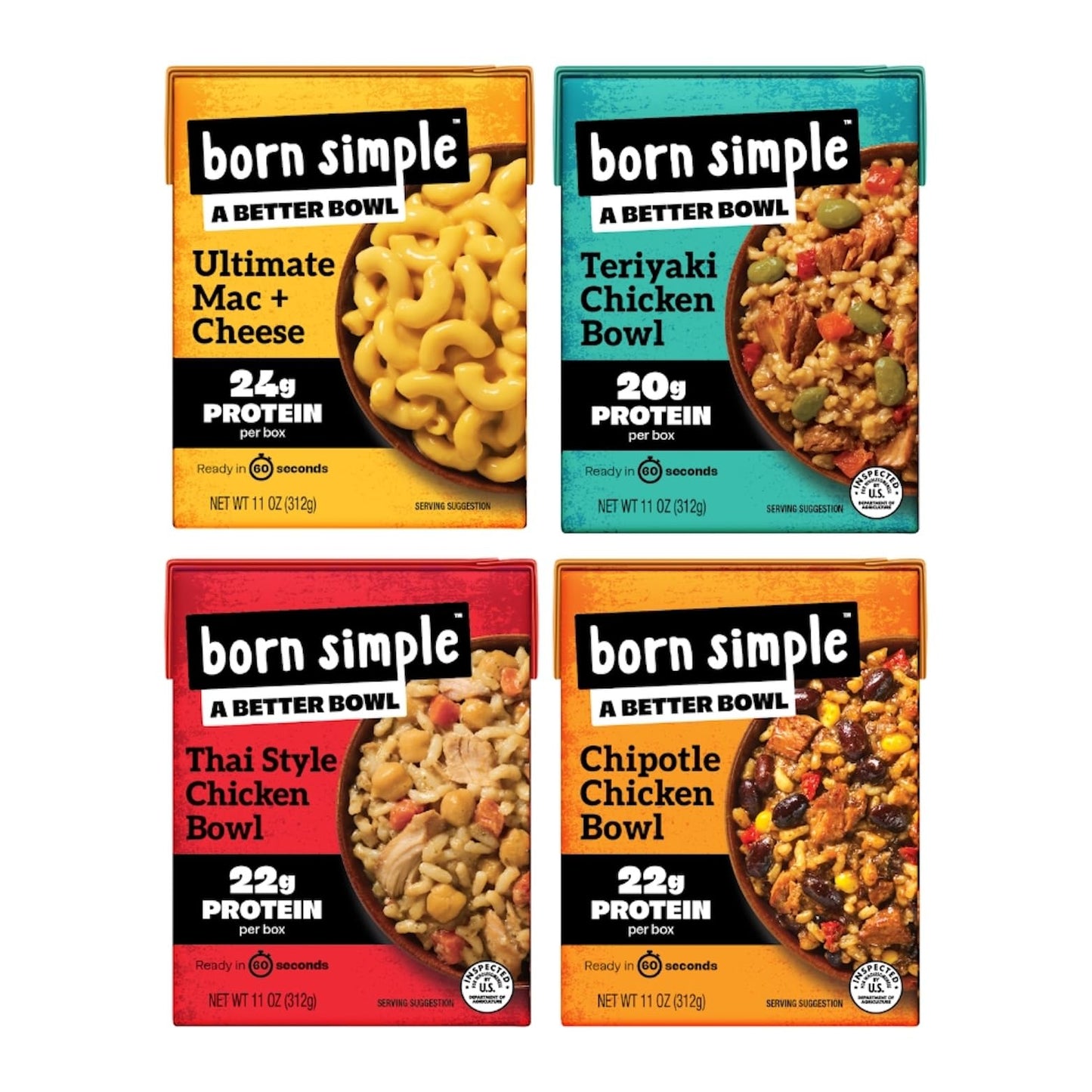 Born Simple Ready to Eat Meals  Variety Pack |Includes Chipotle  Teriyaki  Thai Chicken & Ultimate Mac and Cheese|IMPROVED RECIPE - High Protein  Prepared Meal  Microwavable Entree  11 oz (Pack of 4)
