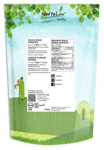 Food To Live Whole Grain Sorghum, 3 Pounds - Premium White Groats. Raw Milo Seeds. Vegan, Bulk Broom-Corn. Durra Is Great For Ma
