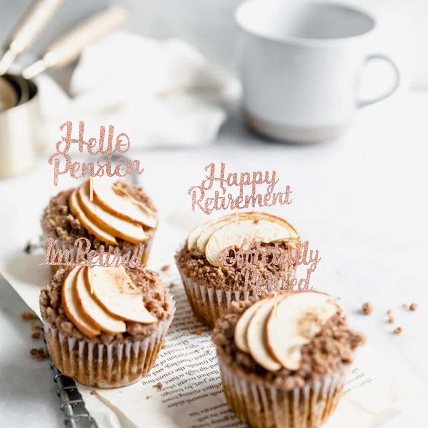 Rssta i Cupcake Toppers, 24 Pack, Glitter Retirement Theme, Rose Gold, Model XM014-Rose Gold