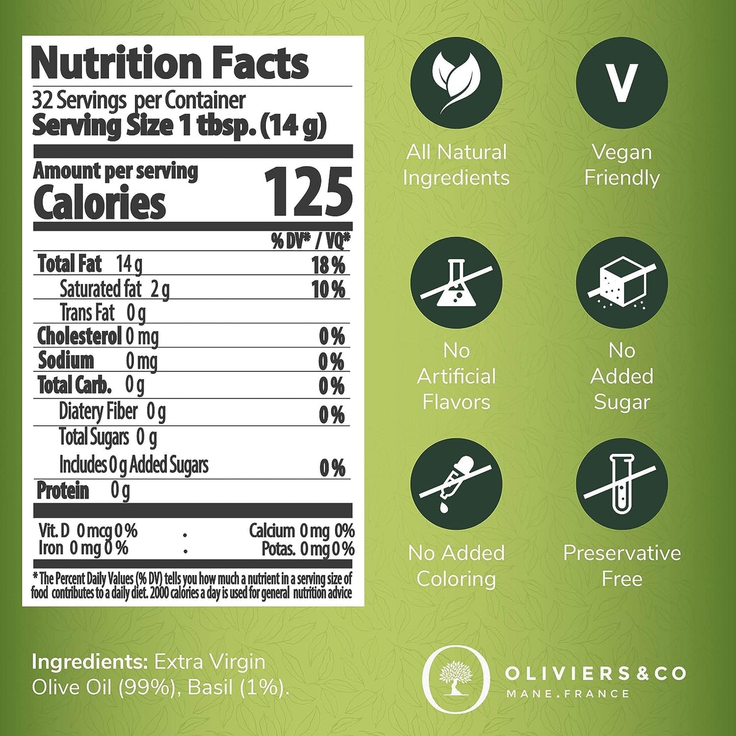 Oliviers & Co Basil Olive Oil - Cold Pressed Extra Virgin, 250 ml Can, 8.4 Fl Oz