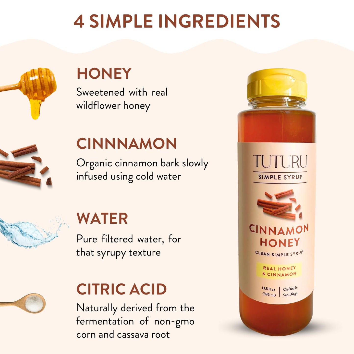 TUTURU Botanical Coffee Cinnamon Honey Simple Syrup - 13.5 Fl Oz, Ideal for Coffee, Cocktails, Tea, and Matcha
