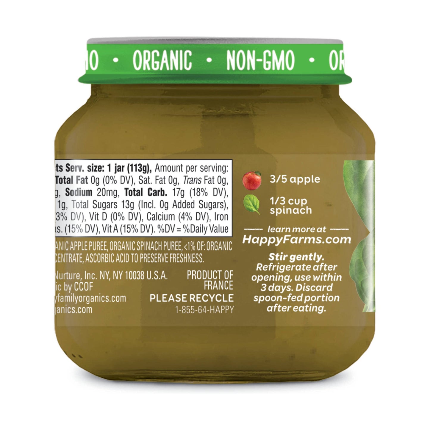 Happy Baby Organic Stage 2 Apples Spinach Baby Food, 4 Oz