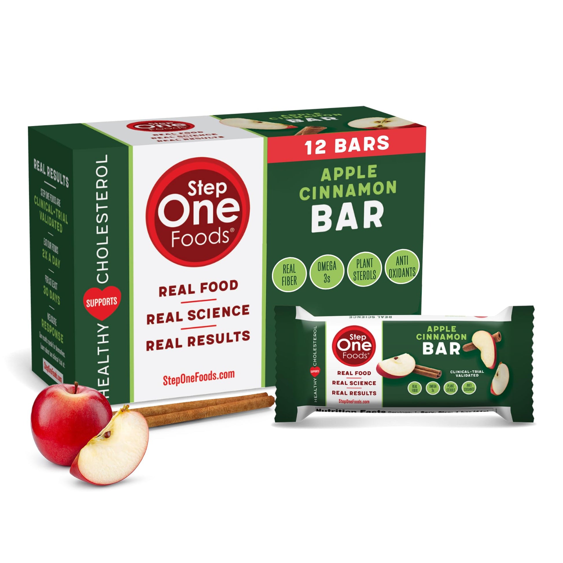 Step One Foods Apple Cinnamon Bars, Heart Healthy Snack Plant Sterols, Omega 3S And Dietary Fiber Gluten Free, Non-Gmo, Vegan, Fruit And Nut Granola Bars (12 Pack)