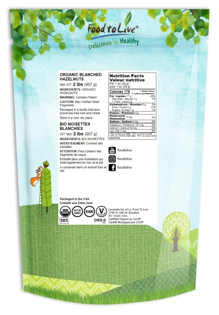 Organic Raw Blanched Hazelnuts, 2 Pounds – Non-Gmo Filberts, No Skin, Unsalted, Unroasted, Vegan, Bulk Nuts. Good Source Of Protein. Great For Desserts And Making Nut Butter