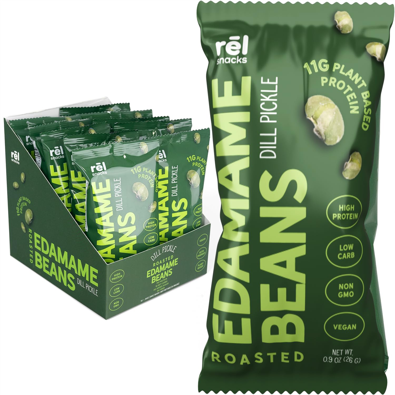 Rel Snacks Roasted Edamame by Freds Farm - Dill Pickle  Low Calorie (0.9oz  10-Pack) | Keto-Friendly  Low Carb  High Protein (11g) | Vegan | Ideal Crunchy Snack for Office and On-the-Go