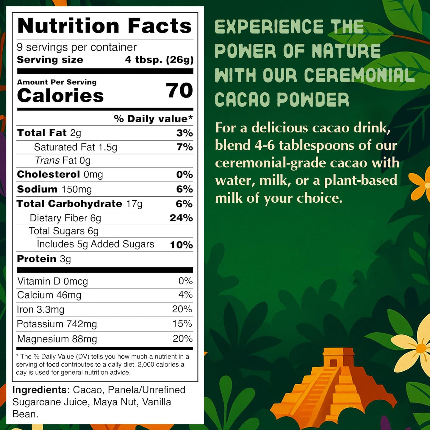 Organic Ceremonial Cacao Beverage Mix - Pure Ceremonial Grade Cacao Sustainably Sourced from Guatemala, Dark Chocolate Powder Su