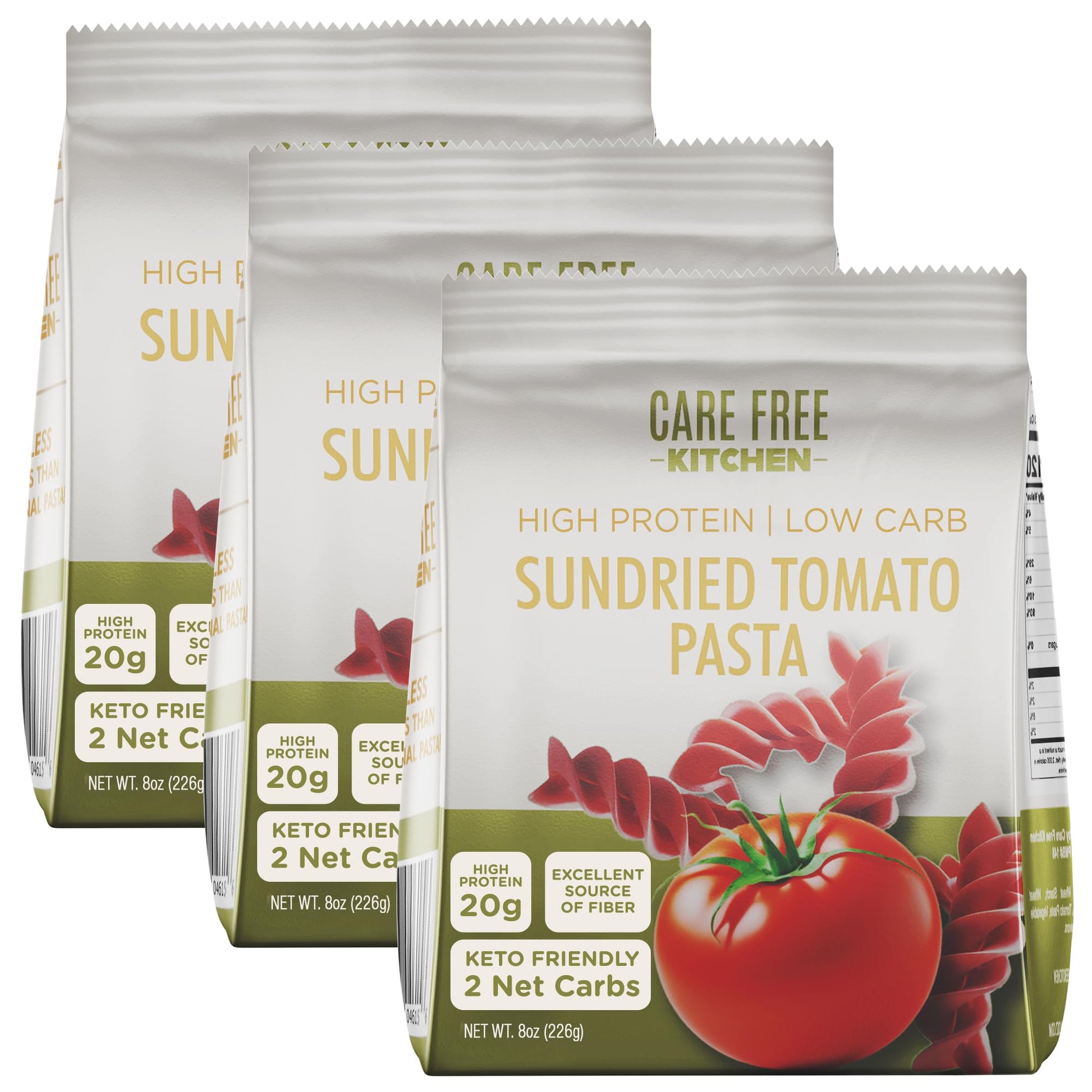 Care Free Kitchen Sundried Tomato 3-Pack (8 oz. Bags) Rotini Keto Pasta Noodles, 20g High Protein, Low Carb 2g Net Carbs, 26g Hi