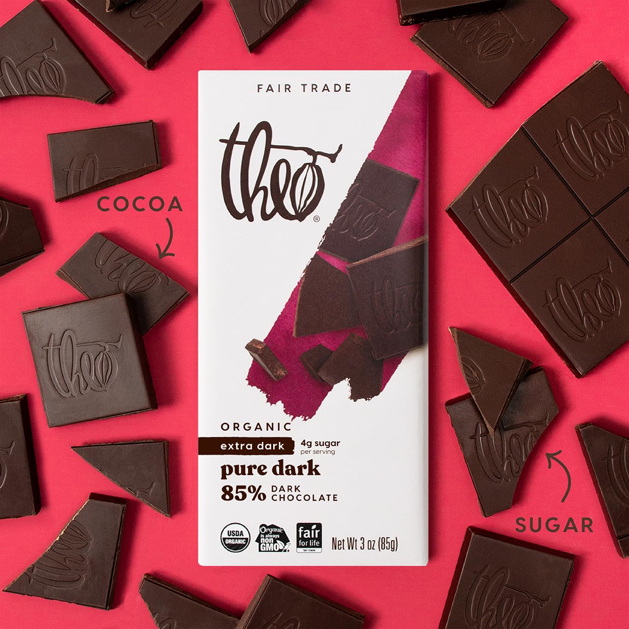 Theo Chocolate Pure Organic Dark Chocolate Bar 85% Cacao, 6 Pack | Vegan, Fair Trade