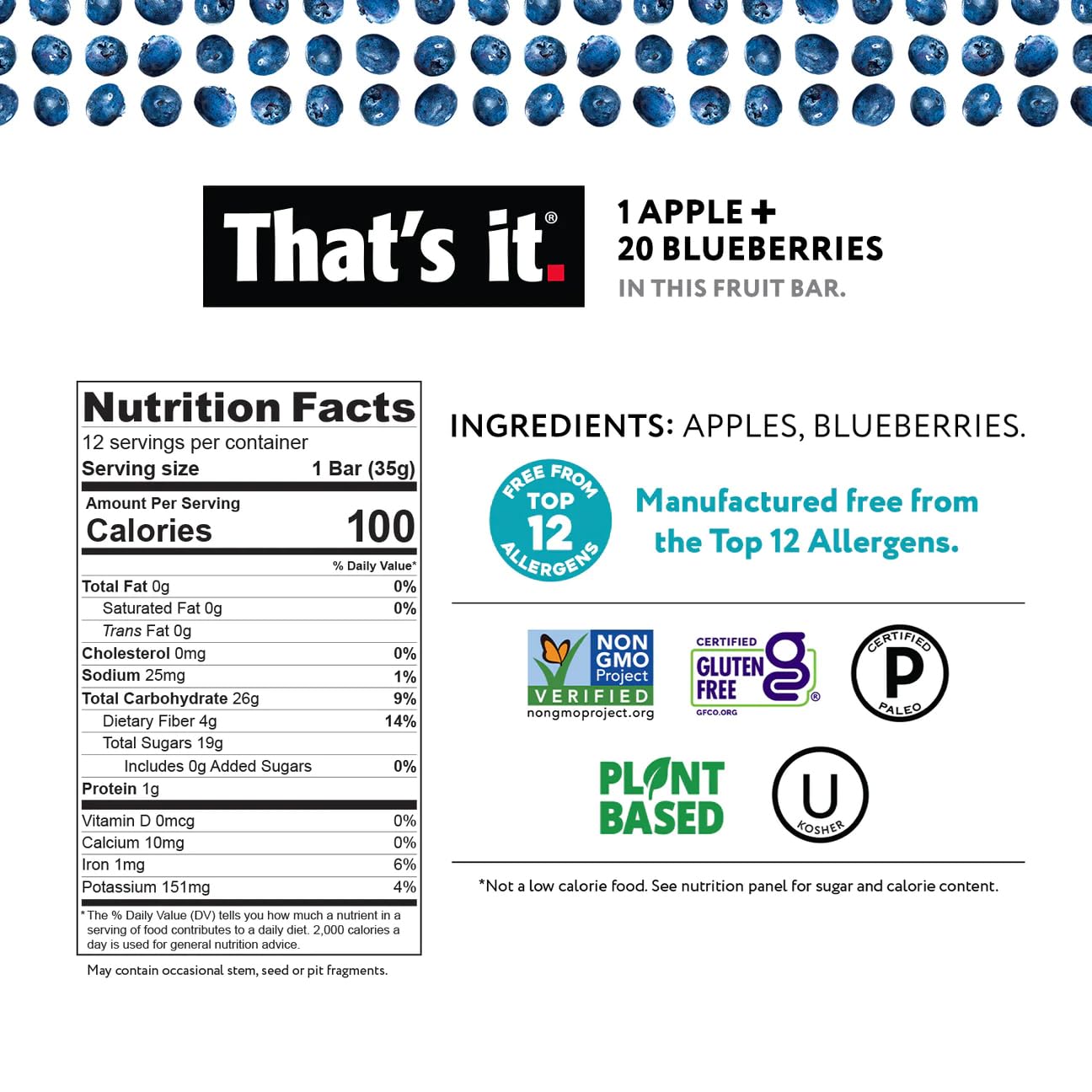 Thats it. Apple + Blueberry 100% Natural Real Fruit Bar, Best High Fiber Vegan, Gluten Free Healthy Snack, Paleo for Children &