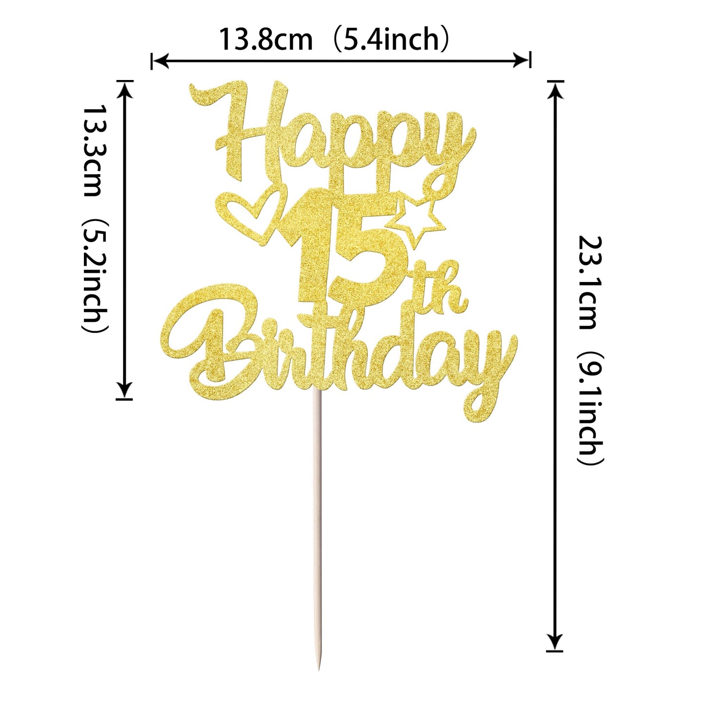 YCTHUNFISH 15th Birthday Cake Topper - Glitter Heart Star Design, Gold, Bamboo