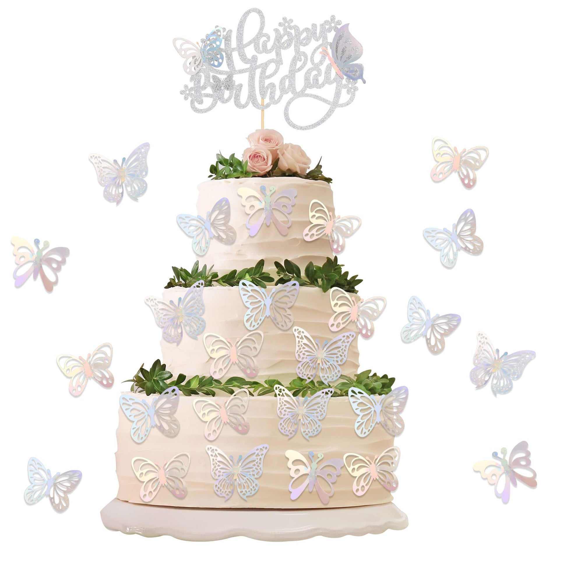 25Pcs Butterfly Cake Topper Glitter 3D Butterfly Cupcake Toppers With Happy Birthday Cake Topper For Wedding Anniversary Baby Sh