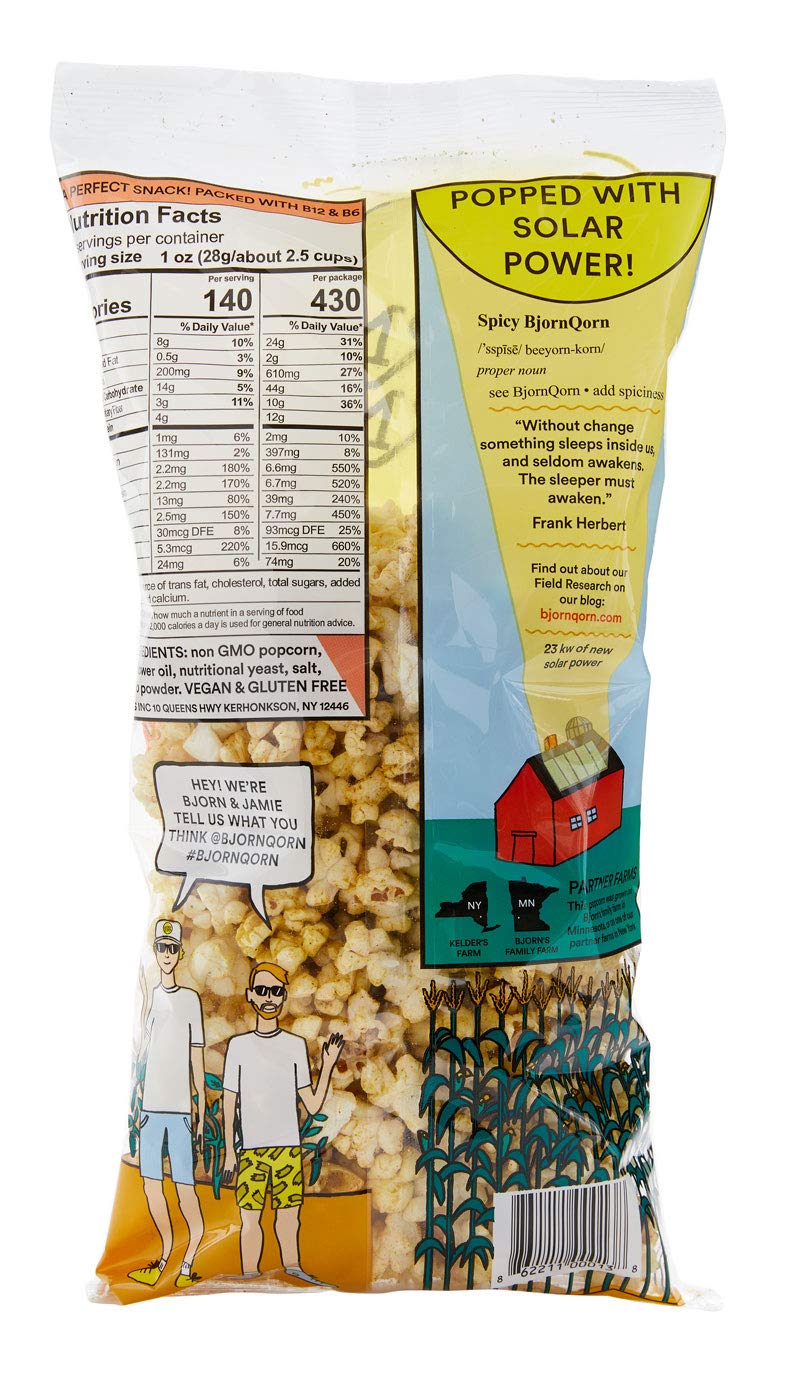 BjornQorn Spicy 12-Pack Popcorn - Vegan & Gluten-Free - Cheesy, Spicy, Umami - (12 3oz bags)