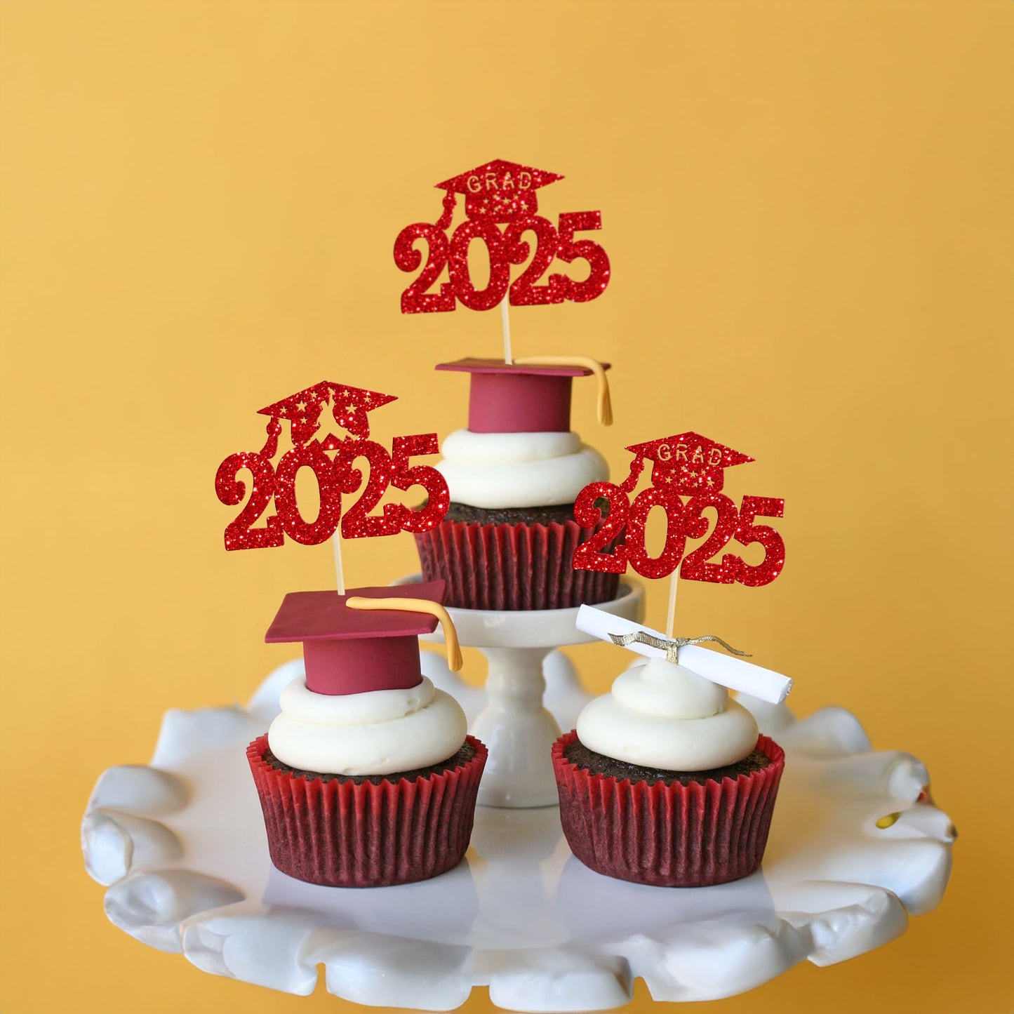 Gyufise 24Pcs Graduation Cupcake Toppers 2025 Red Glitter Class Of 2025 Graduation Cupcake Topper Decorations Diploma Grad Cap C