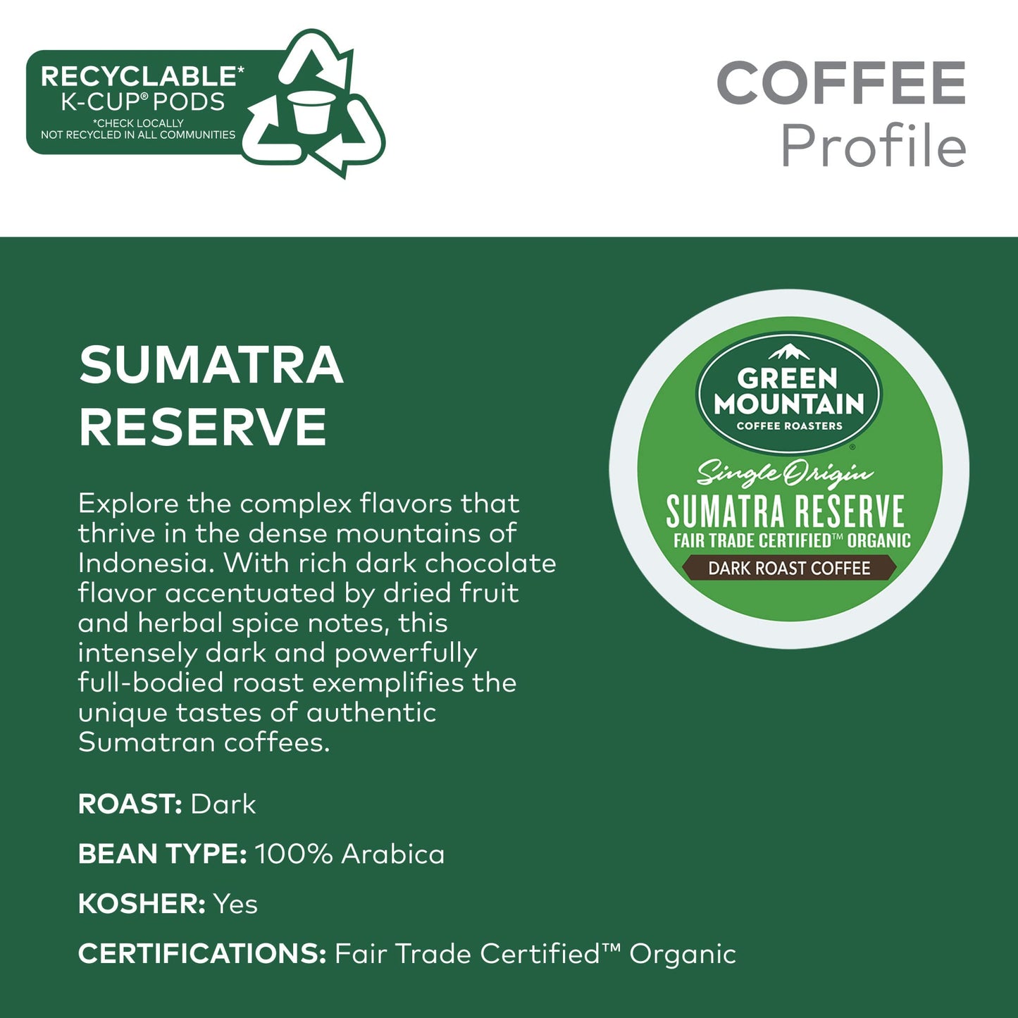 Green Mountain Coffee Roasters Sumatra Reserve Keurig Single-Serve K-Cup pods, Dark Roast Coffee, 72 Count (6 Packs of 12)