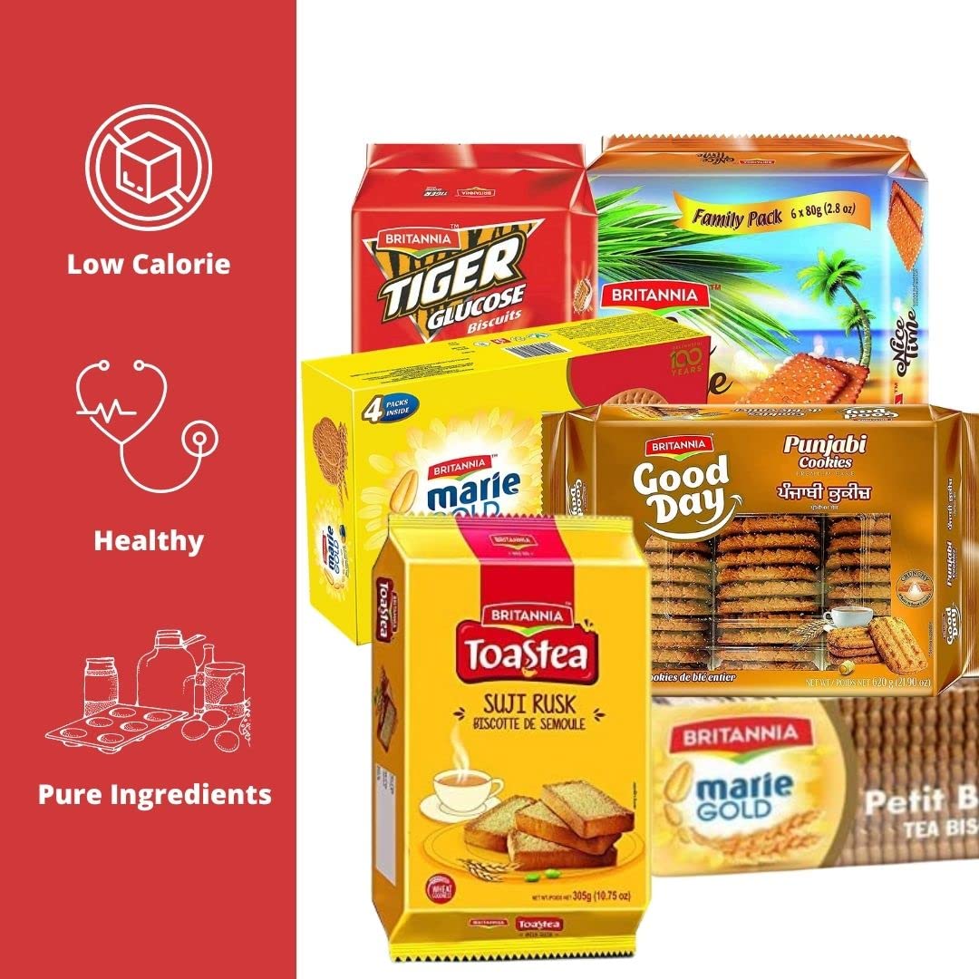 Britannia Prime Tea Value Pack | Cookies & Biscuits Variety Pack | Breakfast & Tea Time Snacks | Healthy, Delicious & Crispy | T