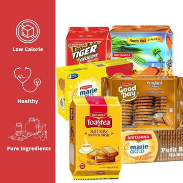 Britannia Prime Tea Value Pack | Cookies & Biscuits Variety Pack | Breakfast & Tea Time Snacks | Healthy, Delicious & Crispy | T