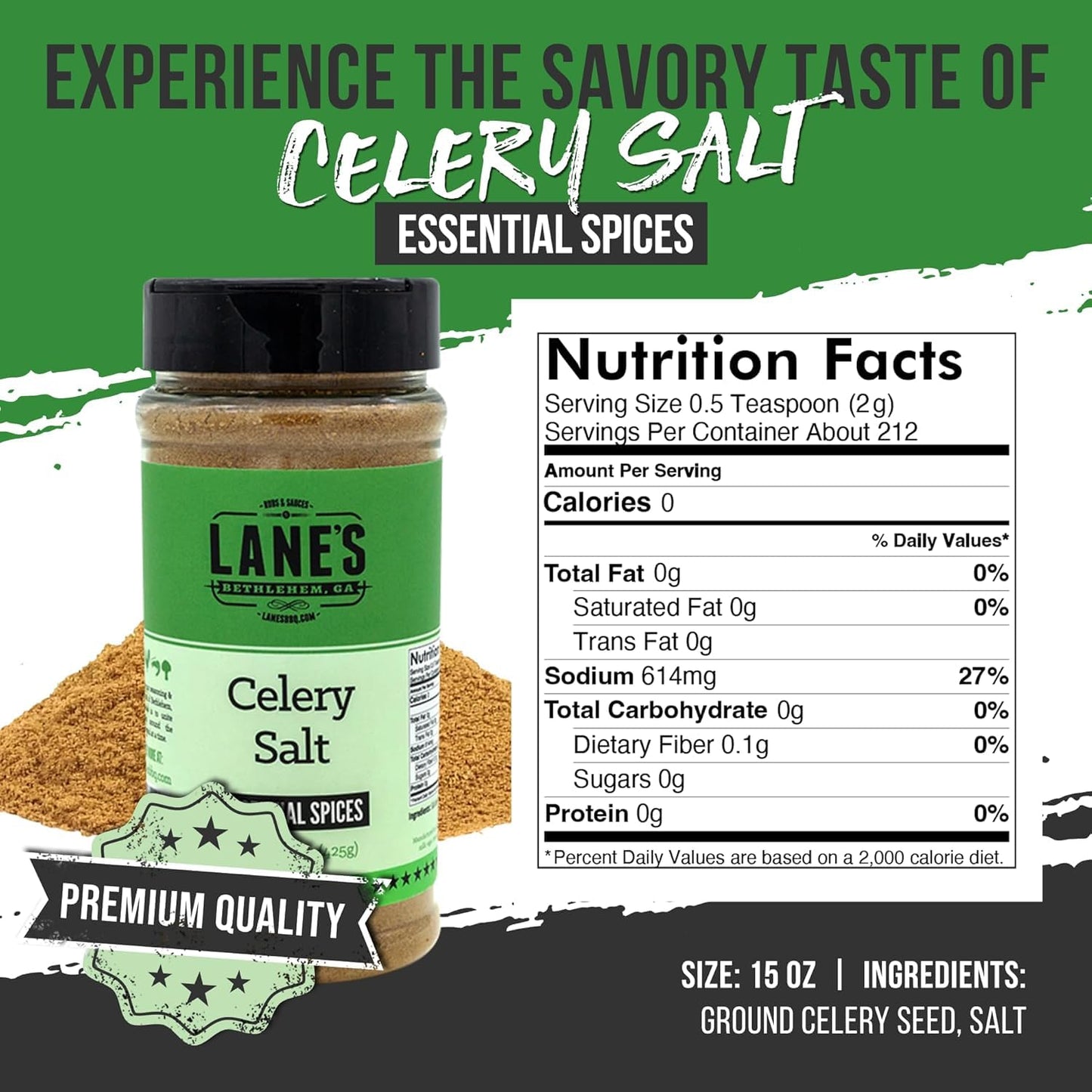 Lanes Celery Salt Seasoning, All-Natural Celery Seed Powder, 15 Oz, Great for Soups, Stews & Marinades, Made in USA