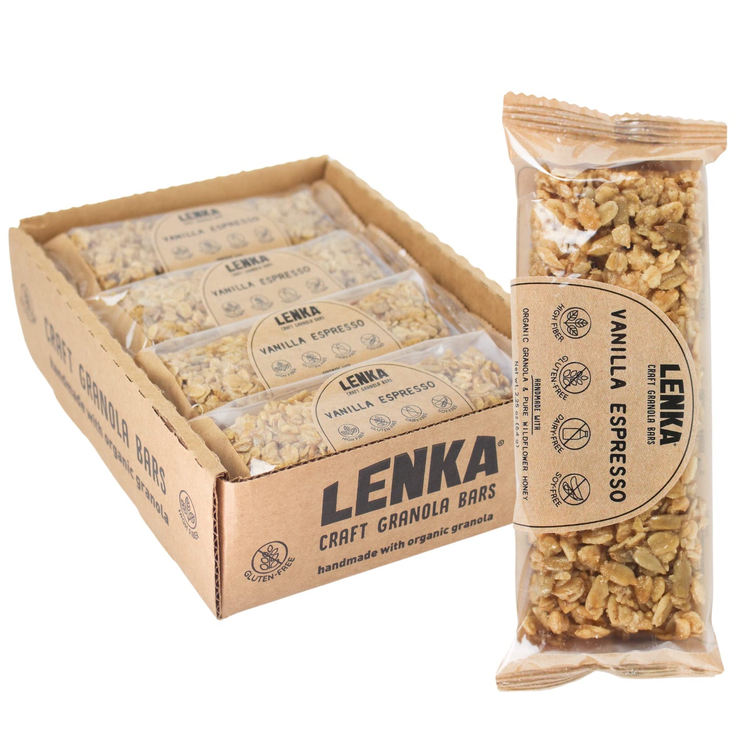 Lenka Handmade Craft Granola Bars - Vanilla Espresso Gluten Free High Fiber - Nutritious & Delicious Snack Bar - 12 Pack