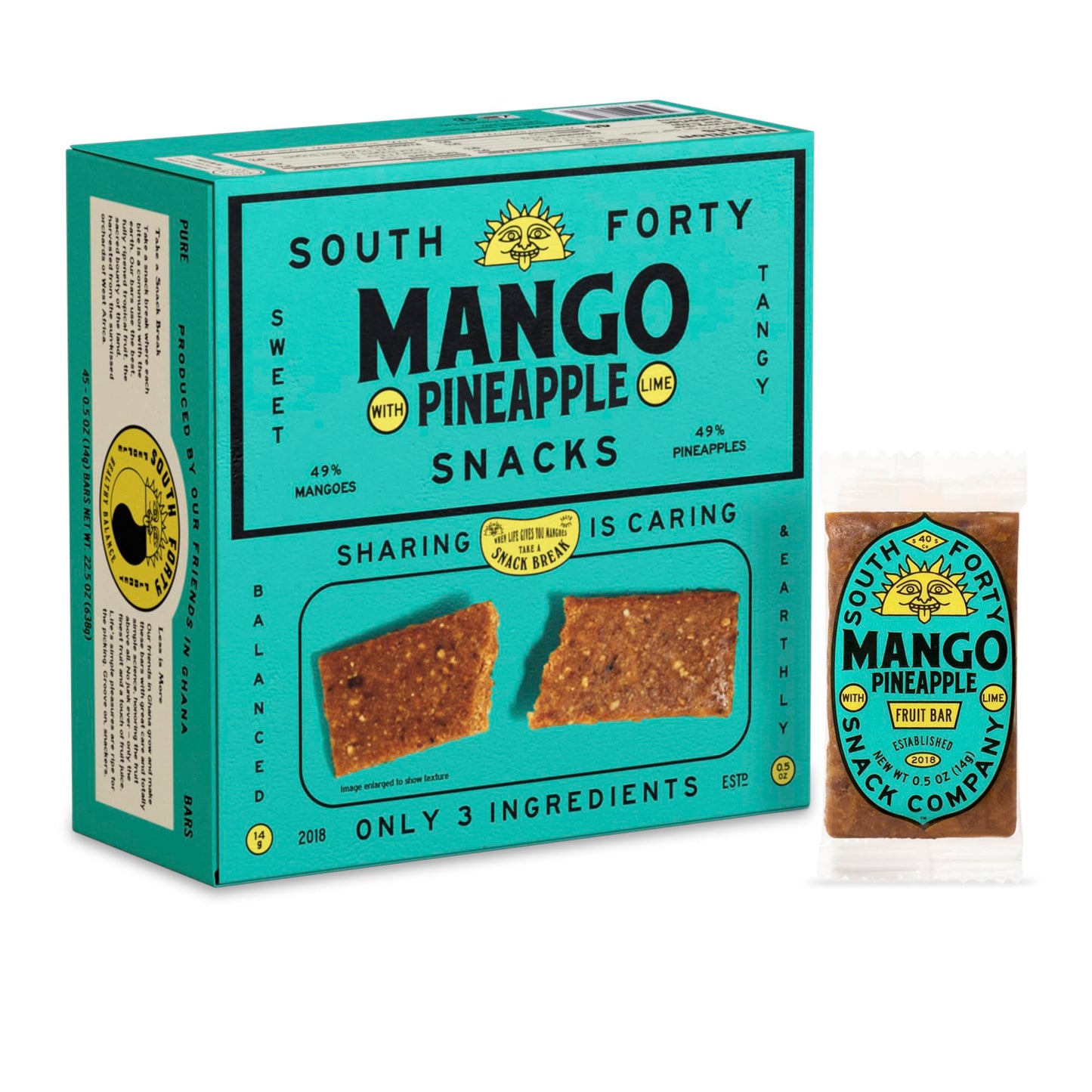 South 40 Snacks Mini Mango Pineapple Lime Fruit Bar  Just 3 Ingredients  Real Tropical Dried Fruit Leather (0.5Oz Bar  Pack Of 45)