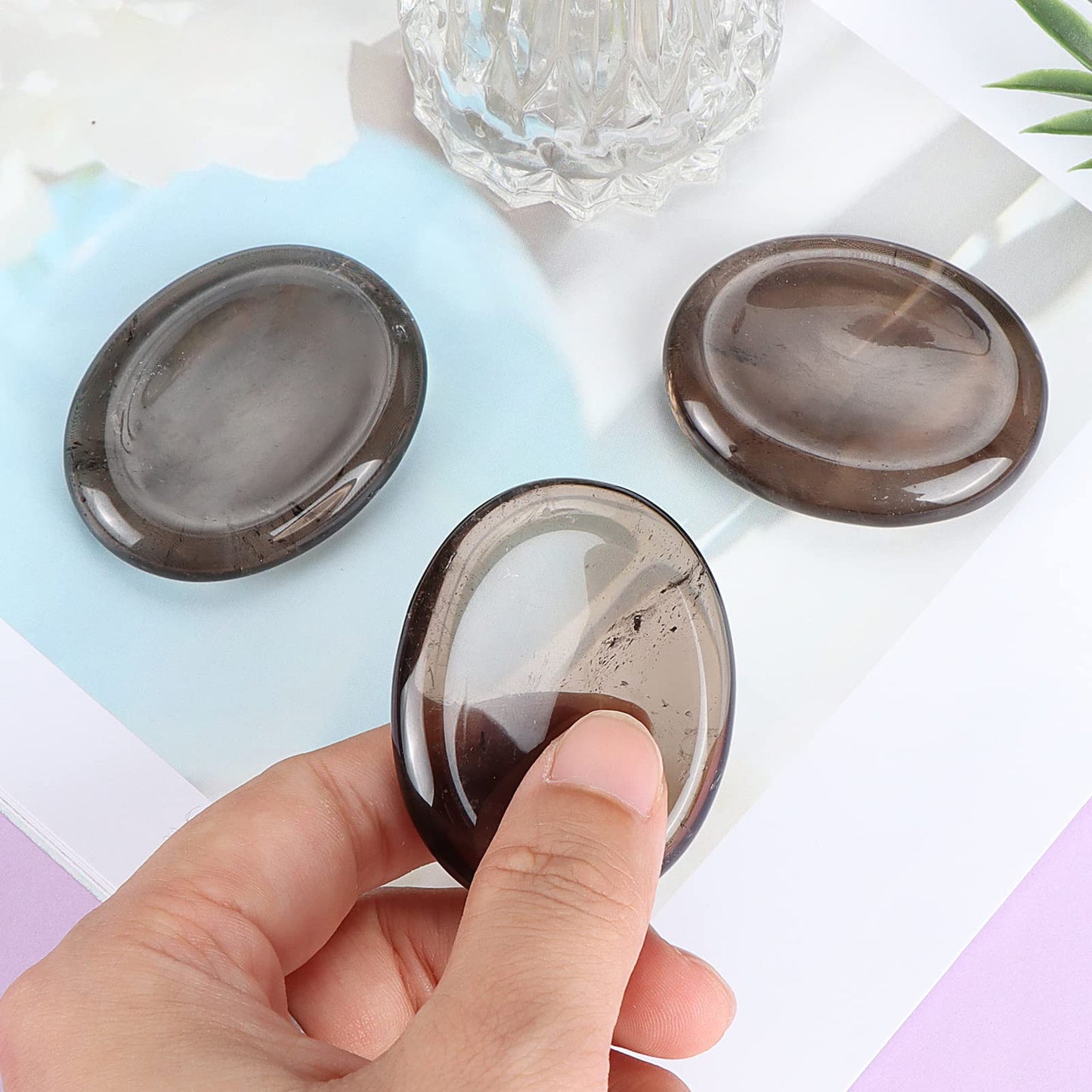 Artistone 2 Pcs Smoky Quartz Crystal Palm Stone Polished Chakra Thumb Worry Stones Set Healing Crystals For Anxiety Stress Relie