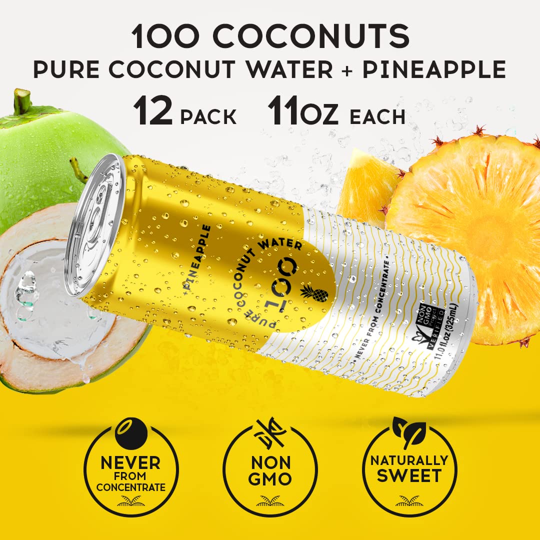 100 Coconuts Pineapple Pure Coconut-100% Pure Coconut Water - Low Calorie All-Natural Drink With Electrolytes - Naturally Sweet,