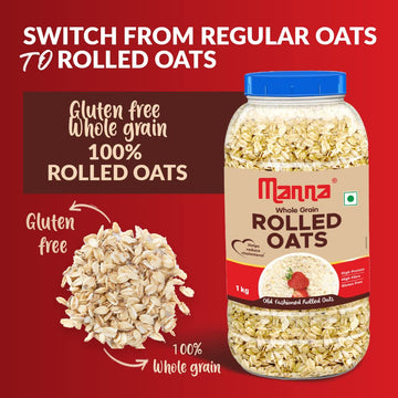 Manna 100% Rolled Oats 2kg | Gluten Free | Traditional Oats | Diabetic Friendly | 100% Wholegrain 1kg (Pack of 2)