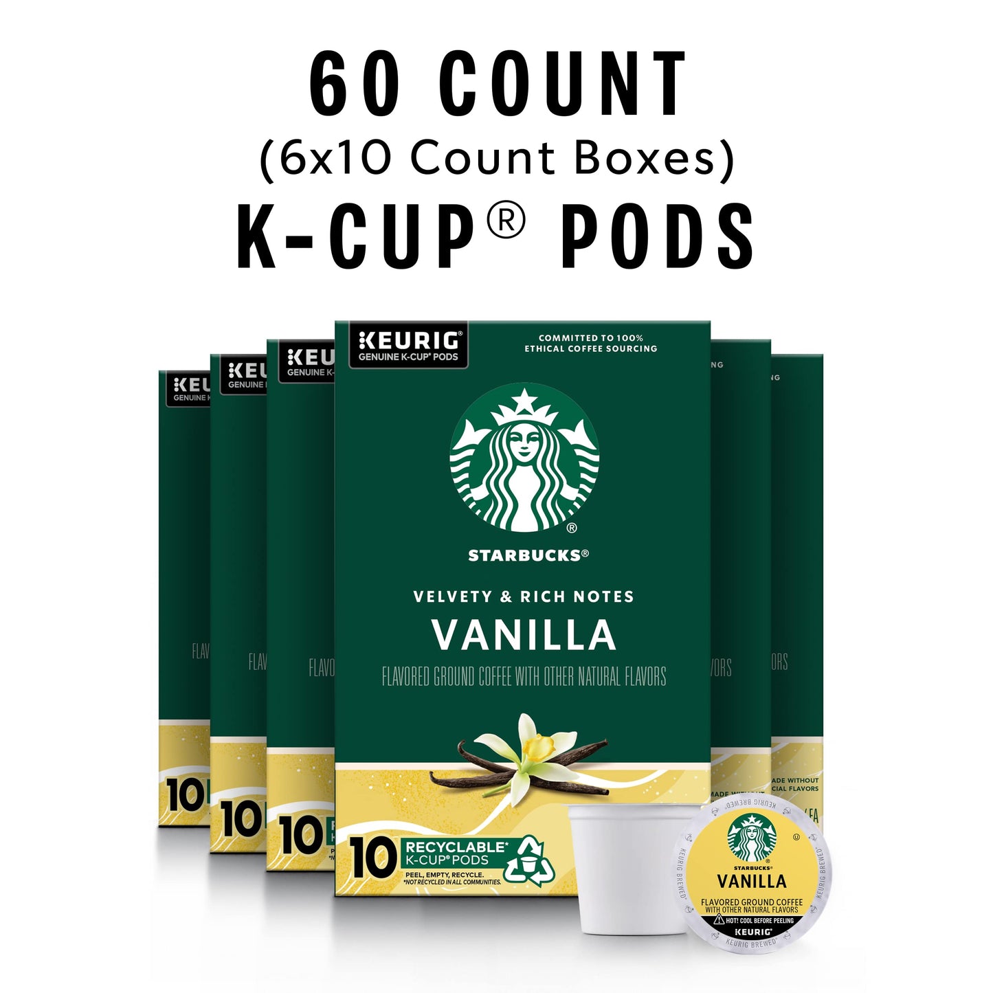 Starbucks K-Cup Coffee Pods, Vanilla Flavor, 100% Arabica, 60 Pods (6 Boxes), 10 Count per Box