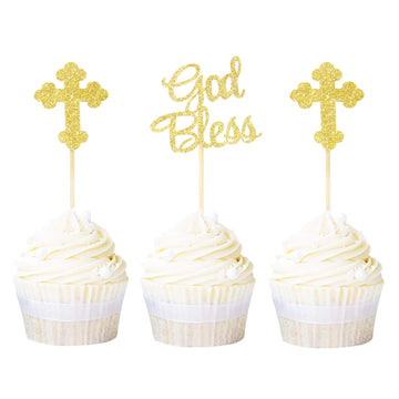 Ercadio Cupcake Toppers Gold Glitter 24 Pack for Baby Baptism Party Decorations, Small, Paper