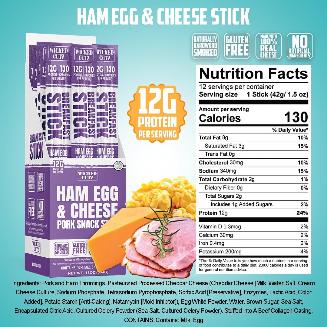 Wicked Cutz Ham Egg and Cheese Stick  12g Protein Per Gluten Free Breakfast Stick  USA Made High Protein Carnivore Snacks  Breakfast Meat Sticks (12 Sticks)