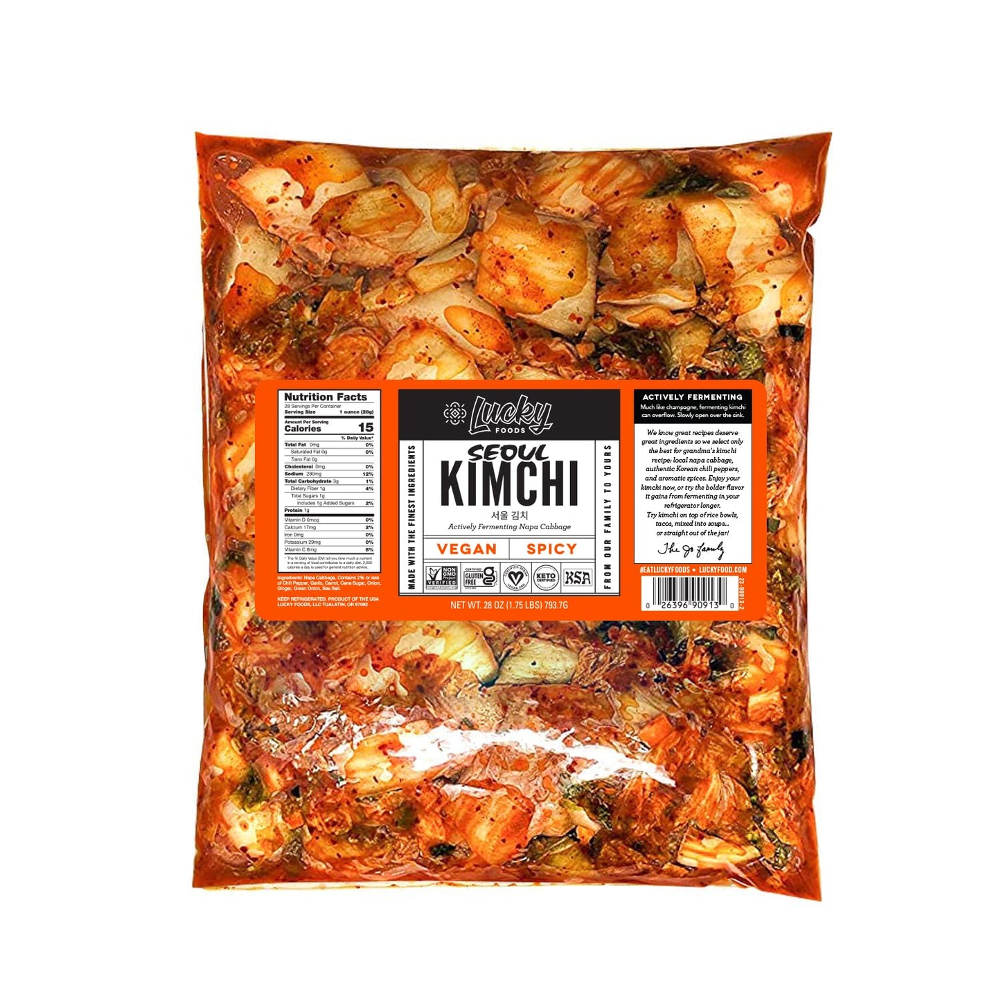 Lucky Foods Seoul Spicy Vegan Kimchi, (28oz / 1.75 lbs), Authentic Korean Premium Fermented Napa Cabbage Vegan Kimchi, (Made in 