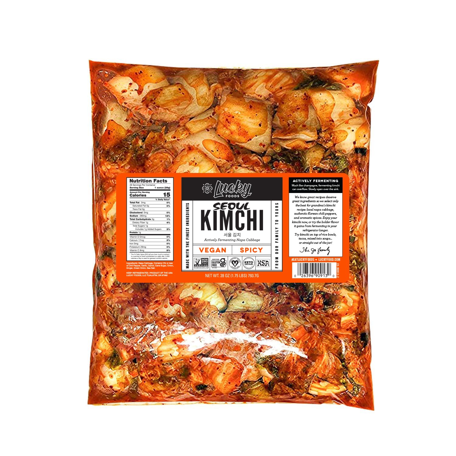 Lucky Foods Seoul Spicy Vegan Kimchi, (28oz / 1.75 lbs), Authentic Korean Premium Fermented Napa Cabbage Vegan Kimchi, (Made in 