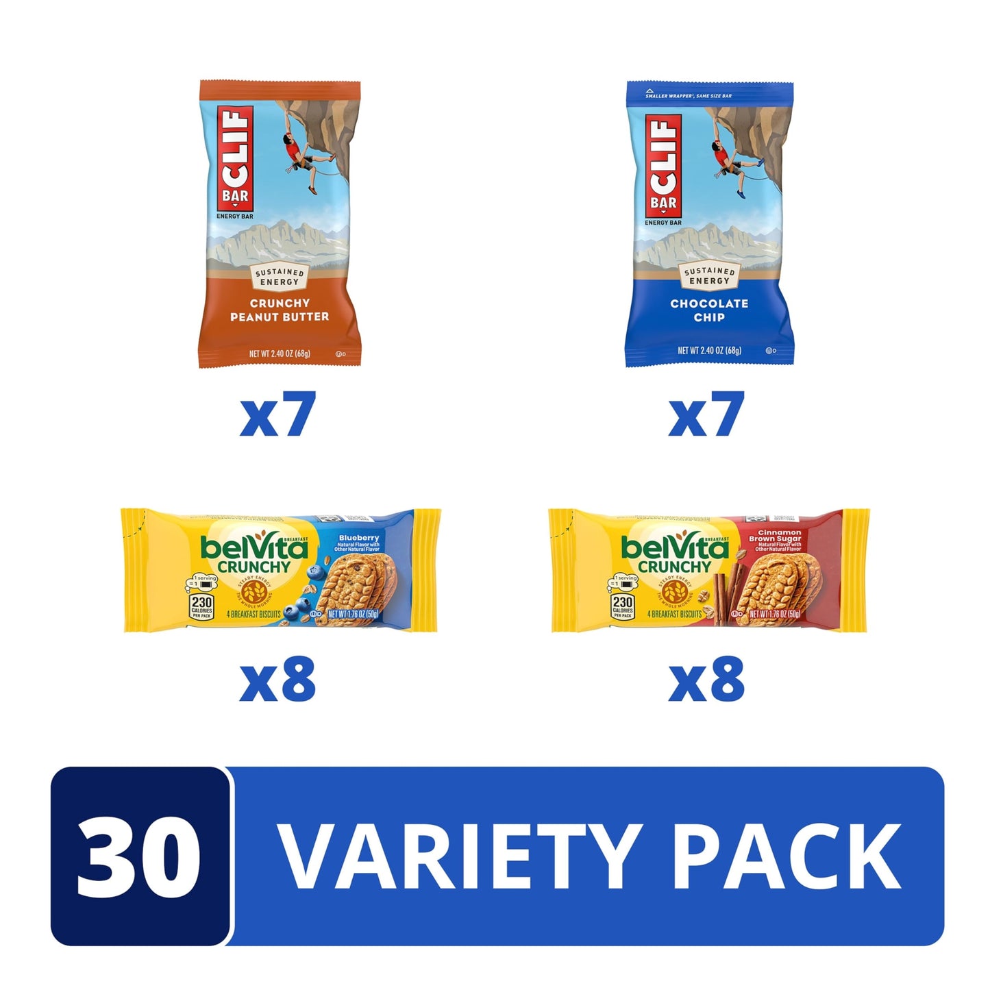 Clif Bar Energy Bars And Belvita Breakfast Biscuits Variety Pack, 4 Flavors, 30 Count