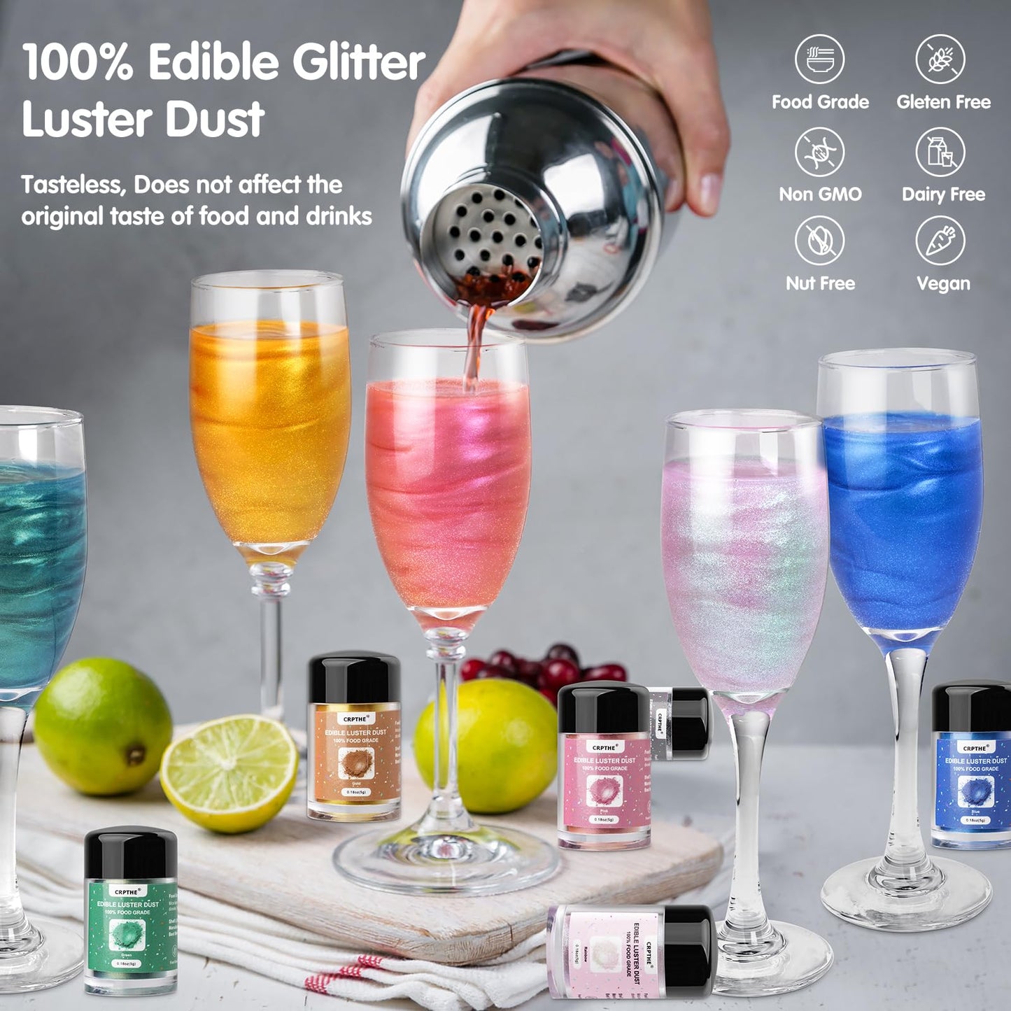 CRPTHE 6 Colors Luster Dust Edible Set, Edible Glitter for Drinks, Food Grade Glitter Shimmer Sprinkle Powder for Cocktails, Bak