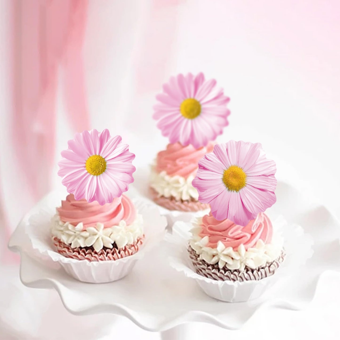 Foowztao Edible Daisy Cupcake Toppers - 60 Pcs Wafer Paper Flower Decorations for Birthday & Wedding, Pink